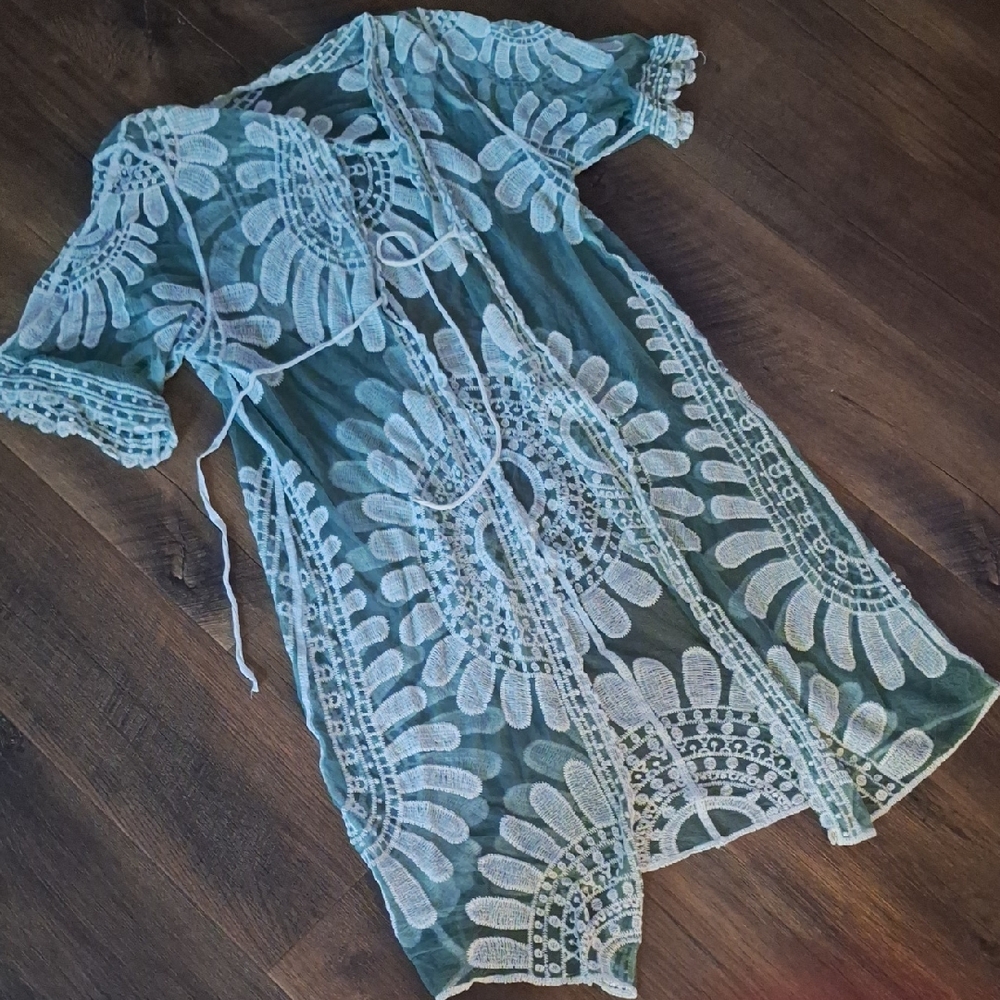 Shein Teal and White Bohemian Lace Swim Cover-Up
